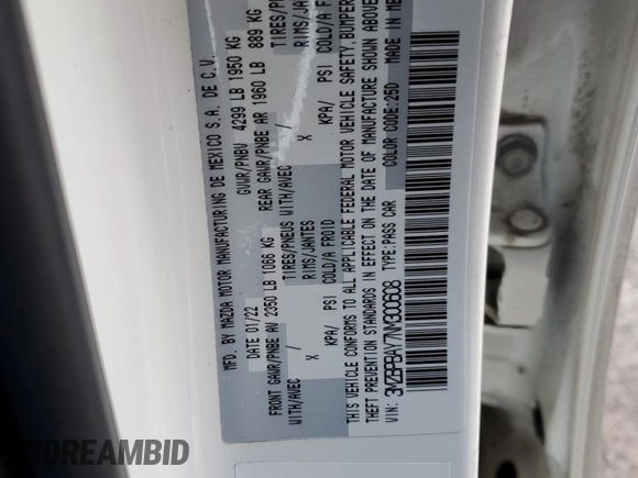2022 Mazda 3 2.5 Turbo z VIN 3MZBPBAY7NM300608, wystawiony jako Copart lot #41694185 z przebiegiem 21 499 mil mil oraz Szkoda całkowita • Salvage title. Historia ofert i sprzedaży dostępna na DreamBid. Obrazek 12.