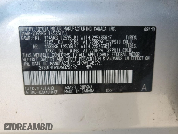 2010 Toyota RAV4 Ltd with VIN 2T3DF4DV0AW079812, listed as a Copart auction lot 45418785 with 138,392 mi miles and Salvage Title. Bid and sale history available at carsss.com. Image 13.