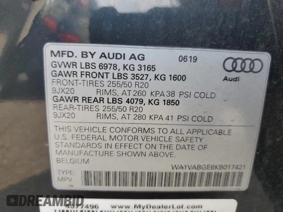 2019 Audi e-tron Prestige with VIN WA1VABGE6KB017421, listed as a Copart auction lot 64693833 with 41,396 mi miles. Bid and sale history available at carsss.com. Image 13.