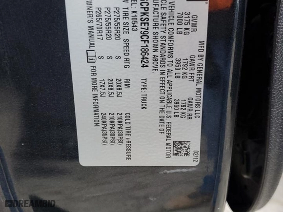 2012 Chevrolet Silverado 1500 LT with VIN 1GCPKSE79CF186424, listed as a Copart auction lot 64758794 with 165,201 mi miles and Salvage Title. Bid and sale history available at carsss.com. Image 12.