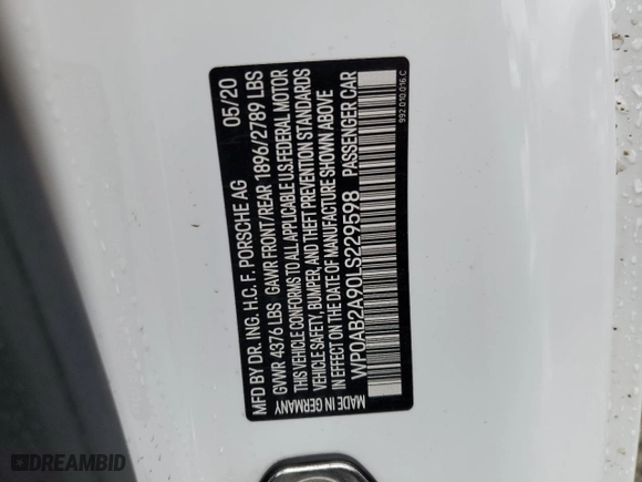 2020 Porsche 911 Carrera S with VIN WP0AB2A90LS229598, listed as a Copart auction lot 39599873 with 19,155 mi miles. Bid and sale history available at carsss.com. Image 13.