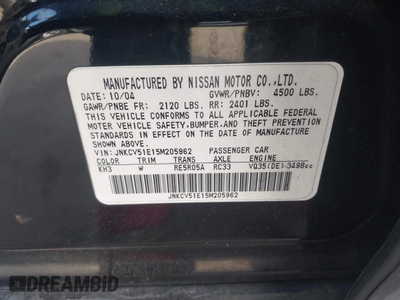 2005 Infiniti G35 with VIN JNKCV51E15M205962, listed as a IAAI auction lot 41386642 with 194,197 mi miles and . Bid and sale history available at DreamBid. Image 9.