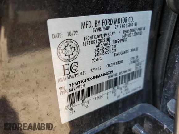 2022 Ford Mustang Mach-E GT with VIN 3FMTK4SX4NMA64535, listed as a Copart auction lot 58332095 with 57,418 mi miles and Salvage title. Bid and sale history available at DreamBid. Image 14.