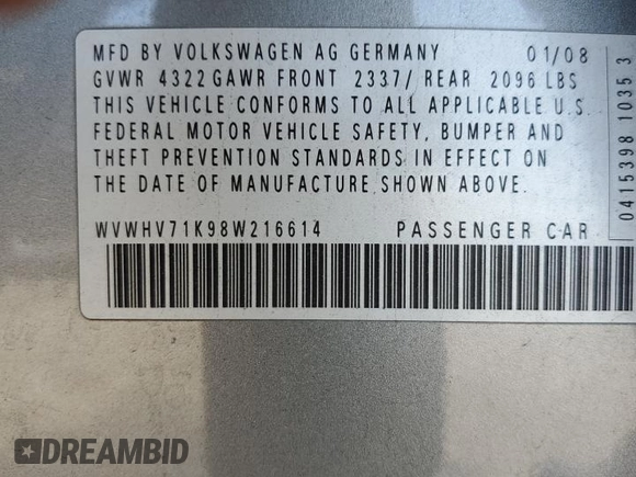 2008 Volkswagen GTI z VIN WVWHV71K98W216614, wystawiony jako Copart lot #50588645 z przebiegiem 272 440 mil mil oraz Szkoda całkowita • Salvage title. Historia ofert i sprzedaży dostępna na DreamBid. Obrazek 14.
