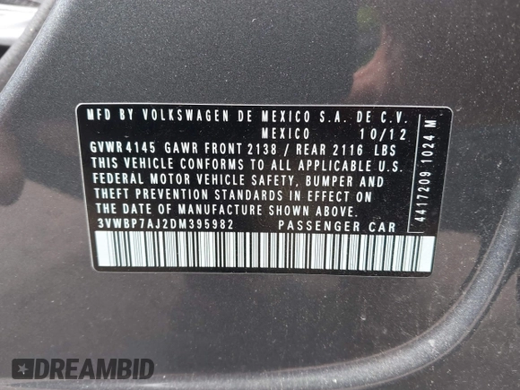 2013 Volkswagen Jetta SE with VIN 3VWBP7AJ2DM395982, listed as a IAAI auction lot 41952654 with 130,906 mi miles and . Bid and sale history available at DreamBid. Image 9.