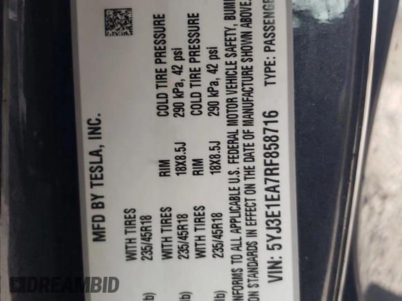 2024 Tesla Model 3 with VIN 5YJ3E1EA7RF858716, listed as a Copart auction lot 49809325 with 9,936 mi miles and Non Repairable. Bid and sale history available at DreamBid. Image 12.