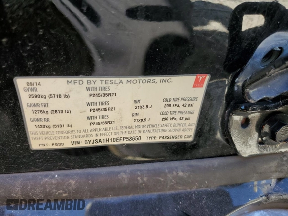 2014 Tesla Model S 60 with VIN 5YJSA1H10EFP58650, listed as a Copart auction lot 45325375 with 105,603 mi miles and Salvage Title. Bid and sale history available at DreamBid. Image 14.