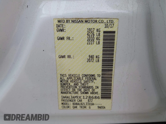 2018 Nissan Altima S with VIN 1N4AL3AP9JC128686, listed as a IAAI auction lot 42038517 with 159,024 mi miles and . Bid and sale history available at DreamBid. Image 9.