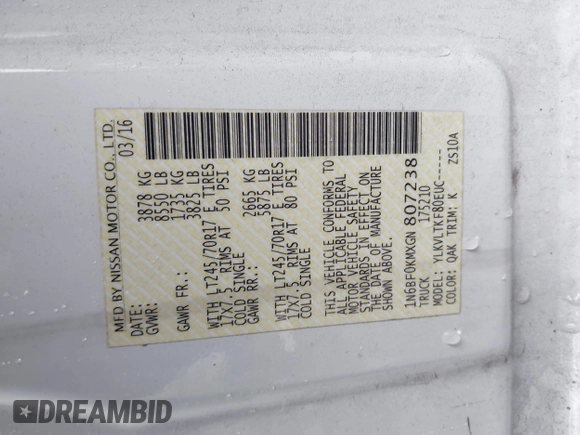2016 Nissan NV SV with VIN 1N6BF0KMXGN807238, listed as a IAAI auction lot 42312718 with 79,136 mi miles and . Bid and sale history available at DreamBid. Image 9.