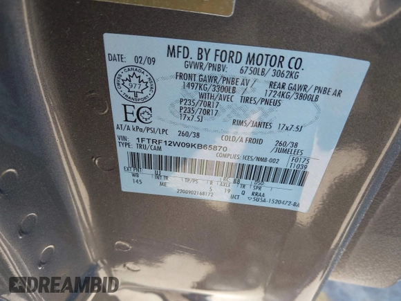 2009 Ford F-150 XL с VIN 1FTRF12W09KB65870, выставлен на аукционе IAAI как лот 42486982 с пробегом 106 412 миль миль и . История ставок и продаж доступна на DreamBid. Изображение 9.