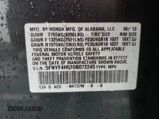 2013 Honda Pilot EX-L z VIN 5FNYF4H53DB072245, wystawiony jako Copart lot #56153435 z przebiegiem Nie podano mil oraz Szkoda całkowita • Salvage title. Historia ofert i sprzedaży dostępna na DreamBid. Obrazek 13.