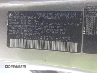 2003 BMW 7 Series 745i with VIN WBAGL63443DP63205, listed as a IAAI auction lot 42682836 with 103,551 mi miles and . Bid and sale history available at DreamBid. Image 9.