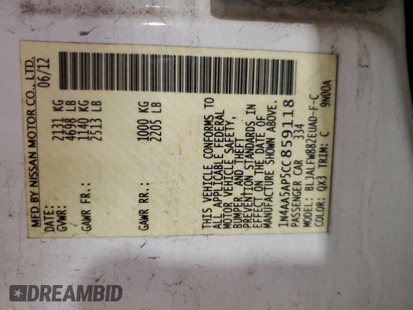 2012 Nissan Maxima S z VIN 1N4AA5AP5CC859118, wystawiony jako Copart lot #56650915 z przebiegiem 144 007 mil mil oraz Szkoda całkowita • Salvage title. Historia ofert i sprzedaży dostępna na DreamBid. Obrazek 13.