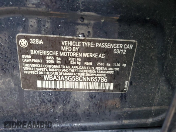 2012 BMW 3 Series 328i with VIN WBA3A5G58CNN65786, listed as a Copart auction lot 44766335 with 168,206 mi miles and Salvage Title. Bid and sale history available at carsss.com. Image 15.