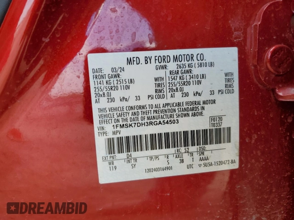 2024 Ford Explorer XLT с VIN 1FMSK7DH3RGA54503, выставлен на аукционе Copart как лот 53033795 с пробегом 15 283 миль миль и Списание • Salvage title. История ставок и продаж доступна на DreamBid. Изображение 14.