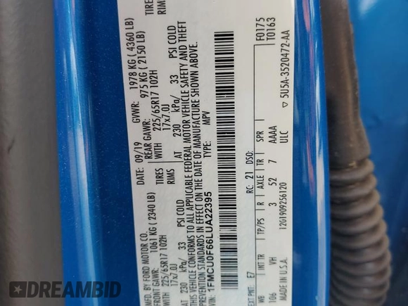 2020 Ford Escape S with VIN 1FMCU0F66LUA22395, listed as a Copart auction lot 59496215 with 68,184 mi miles and Salvage title. Bid and sale history available at DreamBid. Image 13.