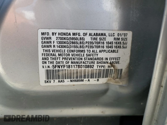 2007 Honda Pilot LX with VIN 5FNYF18117B010892, listed as a Copart auction lot 56334945 with Not provided miles and Salvage title. Bid and sale history available at DreamBid. Image 14.