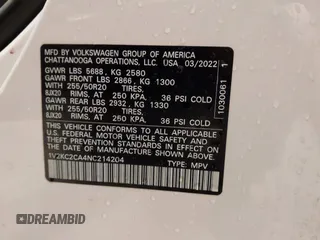 2022 Volkswagen Atlas SE с VIN 1V2KC2CA4NC214204, выставлен на аукционе IAAI как лот 41824976 с пробегом 25 122 миль миль и . История ставок и продаж доступна на DreamBid. Изображение 9.