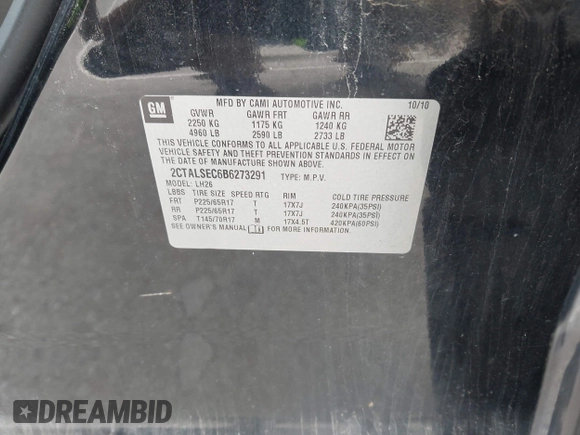2011 GMC Terrain SLE-2 with VIN 2CTALSEC6B6273291, listed as a IAAI auction lot 42184191 with 203,424 mi miles and . Bid and sale history available at carsss.com. Image 9.