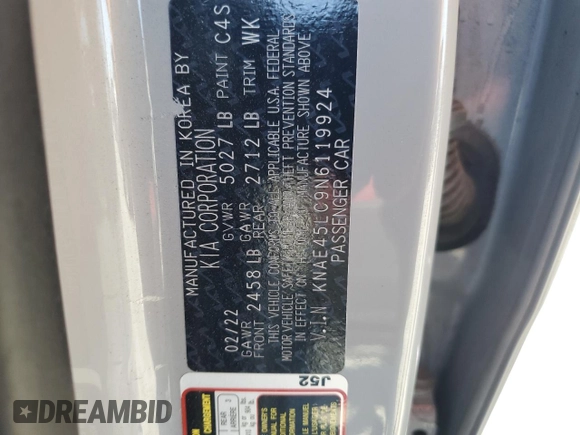 2022 Kia Stinger GT1 with VIN KNAE45LC9N6119924, listed as a Copart auction lot 74745054 with 43,142 mi miles and Salvage Title. Bid and sale history available at DreamBid. Image 13.