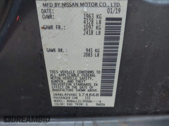 2019 Nissan Altima 2.5 Platinum with VIN 1N4BL4FVXKC174868, listed as a IAAI auction lot 41939991 with 63,022 mi miles. Bid and sale history available at carsss.com. Image 9.