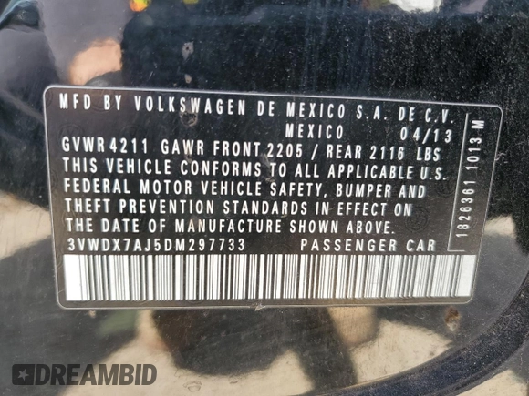 2013 Volkswagen Jetta SE with VIN 3VWDX7AJ5DM297733, listed as a Copart auction lot 53813265 with 239,797 mi miles and Non repairable. Bid and sale history available at DreamBid. Image 13.