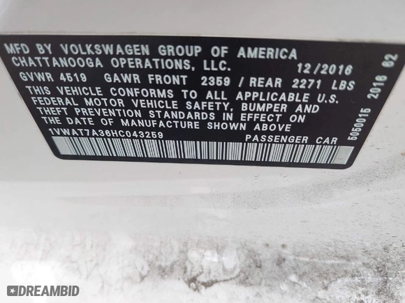 2017 Volkswagen Passat 1.8T S with VIN 1VWAT7A36HC043259, listed as a IAAI auction lot 41733937 with 63,426 mi miles. Bid and sale history available at carsss.com. Image 9.