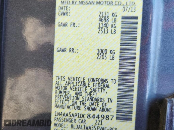 2013 Nissan Maxima SV with VIN 1N4AA5AP1DC844987, listed as a Copart auction lot 63761645 with 141,065 mi miles and Salvage title. Bid and sale history available at DreamBid. Image 12.