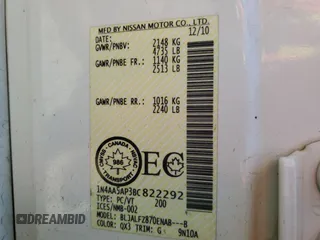 2011 Nissan Maxima SV z VIN 1N4AA5AP3BC822292, wystawiony jako Copart lot #61411155 z przebiegiem 224 273 mil mil oraz Szkoda całkowita • Salvage title. Historia ofert i sprzedaży dostępna na DreamBid. Obrazek 12.