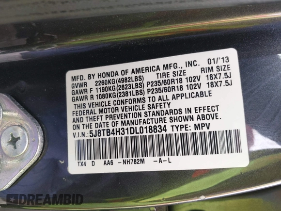 2013 Acura RDX with VIN 5J8TB4H31DL018834, listed as a IAAI auction lot 42350628 with 115,515 mi miles and . Bid and sale history available at DreamBid. Image 9.