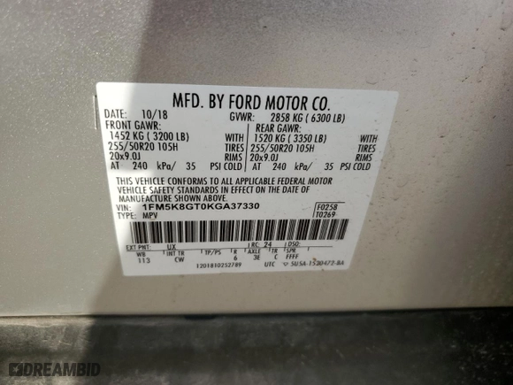 2019 Ford Explorer Sport with VIN 1FM5K8GT0KGA37330, listed as a Copart auction lot 43659165 with 72,916 mi miles and Salvage Title. Bid and sale history available at carsss.com. Image 16.