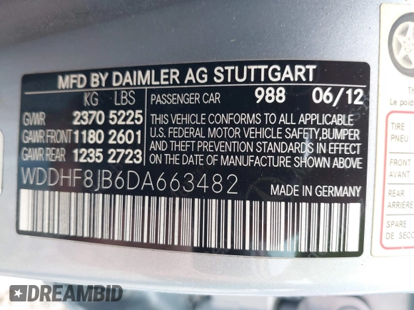 2013 Mercedes-Benz E 350 Luxury with VIN WDDHF8JB6DA663482, listed as a IAAI auction lot 42206803 with 205,236 mi miles and . Bid and sale history available at DreamBid. Image 9.