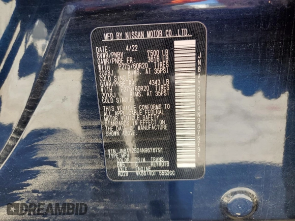 2022 Nissan Armada SL with VIN JN8AY2BD4N9676791, listed as a Copart auction lot 48520835 with 44,075 mi miles and Salvage Title. Bid and sale history available at carsss.com. Image 14.