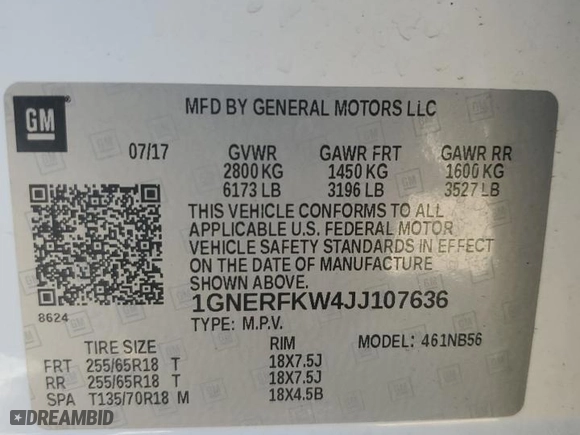 2018 Chevrolet Traverse LS with VIN 1GNERFKW4JJ107636, listed as a Copart auction lot 80626524 with 84,302 mi miles and Non Repairable. Bid and sale history available at carsss.com. Image 13.