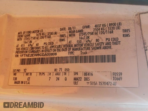 2012 Ford Econoline Cargo Recreational with VIN 1FTNE2EW6CDA00808, listed as a Copart auction lot 87967515 with 138,405 mi miles and Salvage title. Bid and sale history available at DreamBid. Image 13.