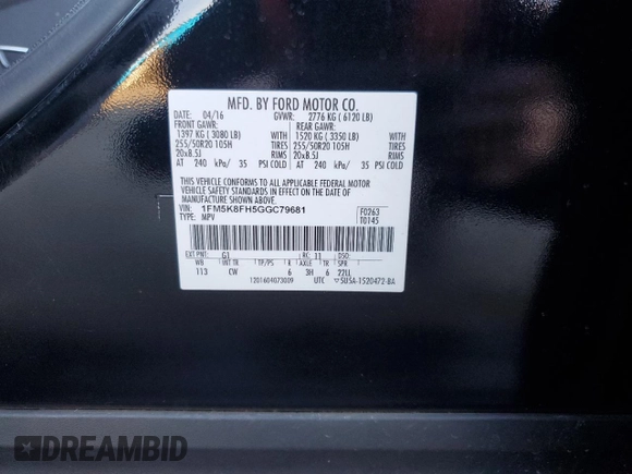 2016 Ford Explorer Limited with VIN 1FM5K8FH5GGC79681, listed as a Copart auction lot 84957634 with 126,497 mi miles and Salvage Title. Bid and sale history available at DreamBid. Image 13.