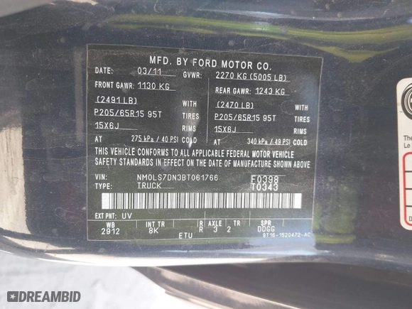 2011 Ford Transit Connect XLT with VIN NM0LS7DN3BT061766, listed as a IAAI auction lot 41801835 with NaN miles. Bid and sale history available at carsss.com. Image 9.
