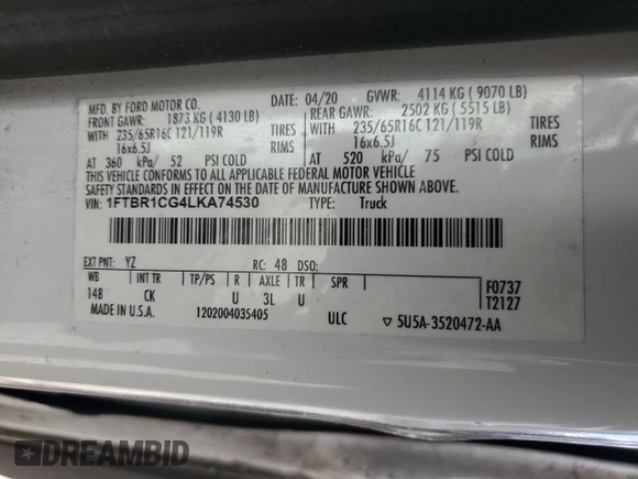 2020 Ford Transit Cargo with VIN 1FTBR1CG4LKA74530, listed as a Copart auction lot 73121394 with 165,713 mi miles and Salvage Title. Bid and sale history available at DreamBid. Image 15.
