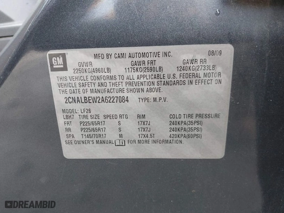 2010 Chevrolet Equinox LS with VIN 2CNALBEW2A6227084, listed as a IAAI auction lot 41948368 with 207,358 mi miles. Bid and sale history available at carsss.com. Image 9.