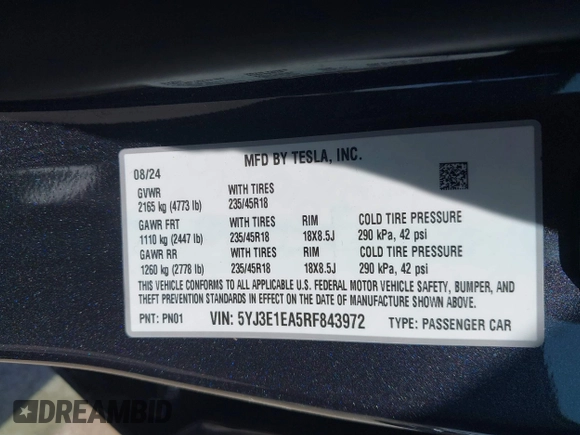 2024 Tesla Model 3 z VIN 5YJ3E1EA5RF843972, wystawiony jako IAAI lot #41873089 z przebiegiem 9 788 mil mil oraz . Historia ofert i sprzedaży dostępna na DreamBid. Obrazek 9.