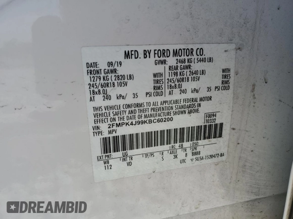 2019 Ford Edge SEL with VIN 2FMPK4J99KBC60200, listed as a Copart auction lot 58301455 with 119,040 mi miles and Salvage title. Bid and sale history available at DreamBid. Image 13.