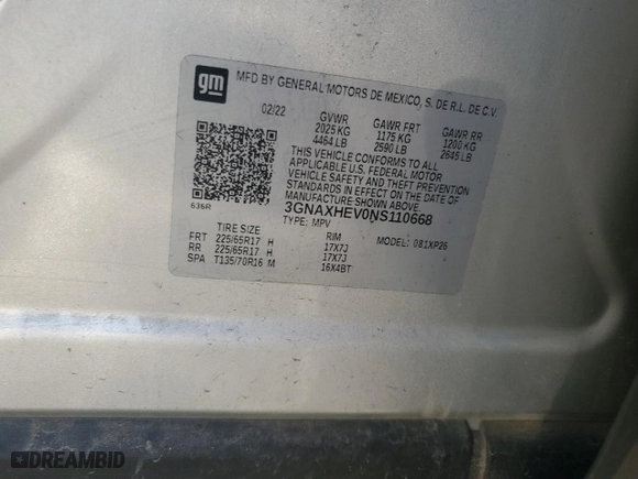 2022 Chevrolet Equinox LS with VIN 3GNAXHEV0NS110668, listed as a Copart auction lot 48134315 with 109,022 mi miles and Salvage Title. Bid and sale history available at carsss.com. Image 14.