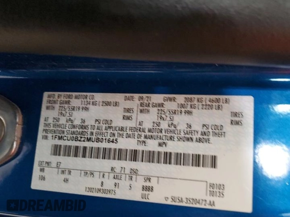 2021 Ford Escape SE Hybrid with VIN 1FMCU0BZ2MUB01645, listed as a Copart auction lot 49188385 with 61,530 mi miles and Salvage title. Bid and sale history available at DreamBid. Image 14.