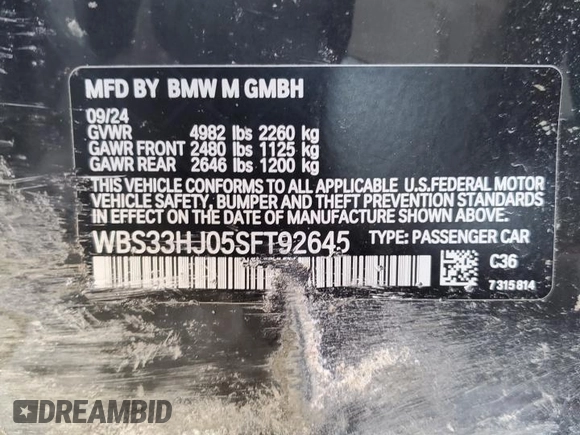 2025 BMW M3 Competition xDrive z VIN WBS33HJ05SFT92645, wystawiony jako Copart lot #86074964 z przebiegiem Nie podano mil oraz Szkoda całkowita • Salvage title. Historia ofert i sprzedaży dostępna na DreamBid. Obrazek 12.