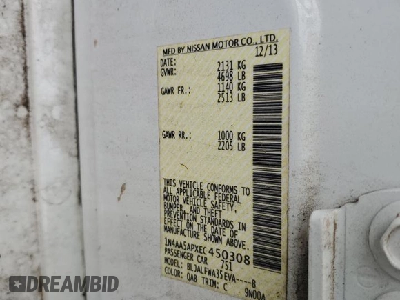 2014 Nissan Maxima SV with VIN 1N4AA5APXEC450308, listed as a Copart auction lot 61149775 with 135,968 mi miles and Salvage title. Bid and sale history available at DreamBid. Image 12.