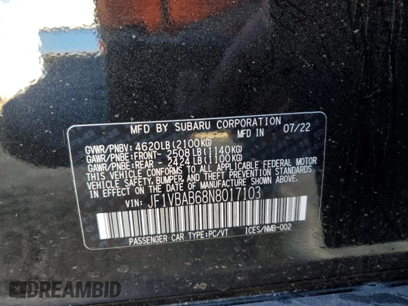 2022 Subaru WRX z VIN JF1VBAB68N8017103, wystawiony jako Copart lot #79775184 z przebiegiem 23 398 mil mil oraz Szkody całkowita. Historia ofert i sprzedaży dostępna na DreamBid. Obrazek 12.