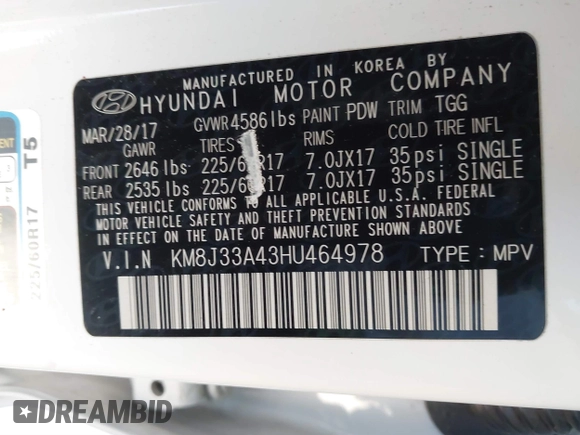 2017 Hyundai Tucson SE with VIN KM8J33A43HU464978, listed as a IAAI auction lot 41655832 with 135,359 mi miles. Bid and sale history available at carsss.com. Image 9.