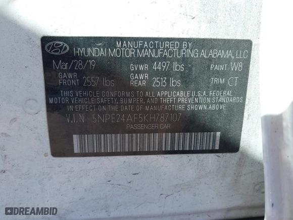 2019 Hyundai Sonata SE with VIN 5NPE24AF5KH787107, listed as a IAAI auction lot 41726970 with 148,943 mi miles. Bid and sale history available at carsss.com. Image 9.