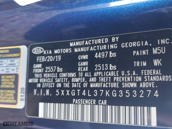 2019 Kia Optima S with VIN 5XXGT4L37KG353274, listed as a IAAI auction lot 41524460 with 82,532 mi miles. Bid and sale history available at carsss.com. Image 9.