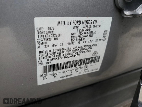 2021 Ford Explorer Limited с VIN 1FMSK8FH8MGA84463, выставлен на аукционе Copart как лот 59010075 с пробегом 84 121 миль миль и Списание • Salvage title. История ставок и продаж доступна на DreamBid. Изображение 13.